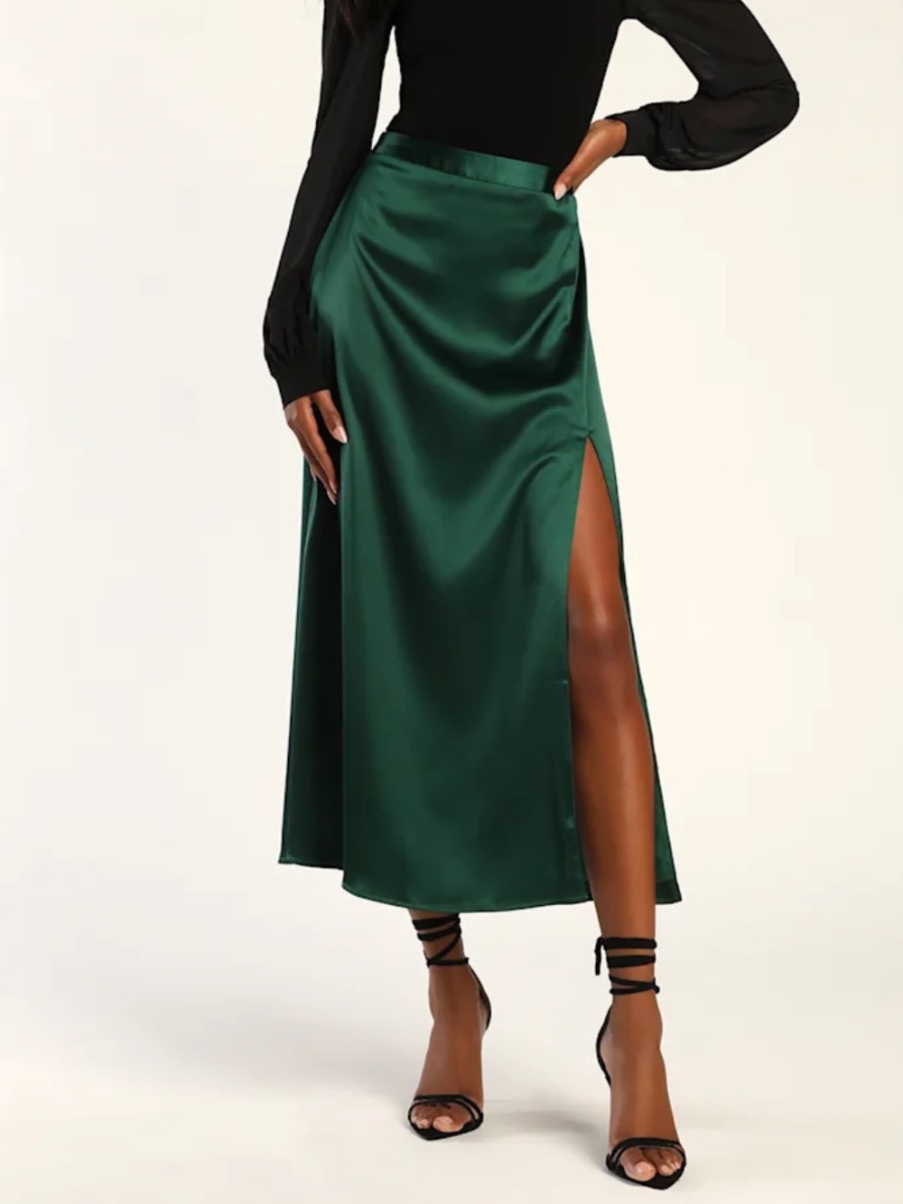 New Lulus Elegant Blossoms Emerald Green Satin Midi Skirt